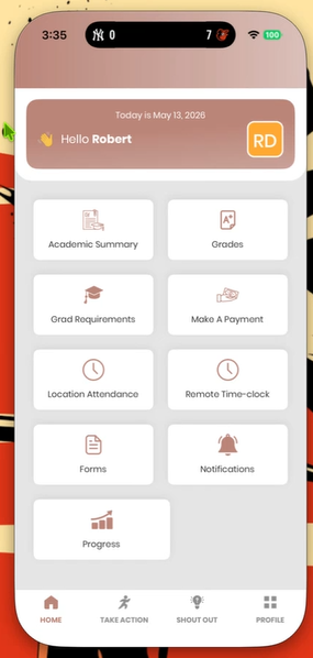 Engage mobile app home screen showing academic summary, grades, graduation requirements, payments, attendance, and progress