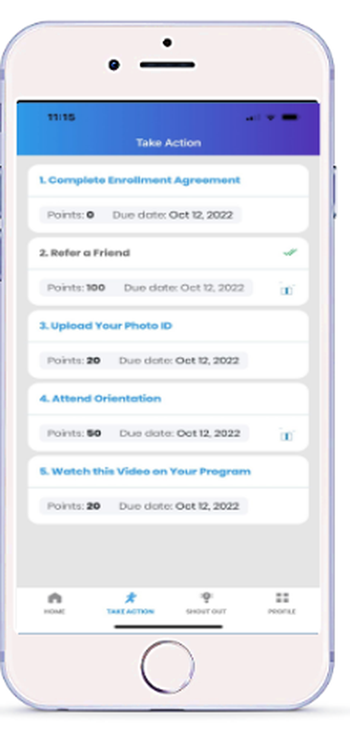 Engage Take Action screen with point-based student to-dos and due dates